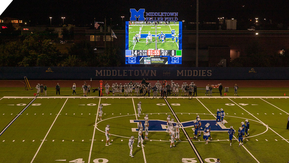 oW3426 Football LED Video Scoreboard at Middletown High School Stadium with Live Video Feed